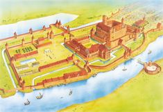 an old castle is shown in this hand - colored illustration, with water surrounding it