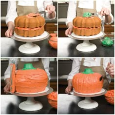 the process of decorating a pumpkin cake