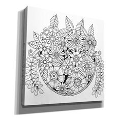 a black and white drawing of flowers in a vase on a canvas wall art print