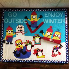 a bulletin board with cutouts of cartoon characters and the words go outside, enjoy winter