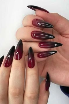 helloween nails Red Black Nails, Vampire Nails, Black Ombre Nails, Red Ombre Nails, Edgy Nails, Goth Nails, Almond Acrylic Nails, Best Acrylic Nails, Long Acrylic Nails