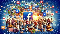 a group of people standing in front of a facebook logo surrounded by social media icons