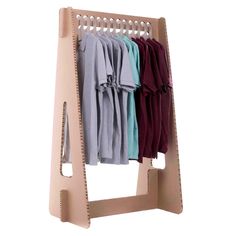 a clothes rack with folded shirts hanging on it's sides and two hangers attached to each other