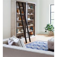 a ladder leaning against a bookcase in a living room