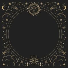 the sun and moon with stars around it in a circle on a black background illustration