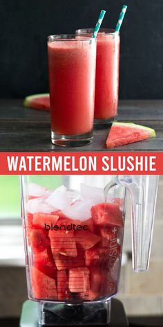 watermelon slushie in a blender with two glasses full of it