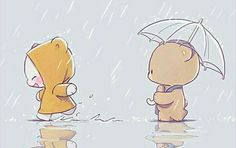 two cartoon characters standing in the rain with an umbrella