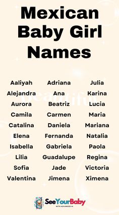 the mexican baby girl names are shown in black and white, with an orange background