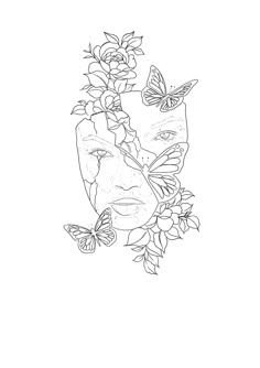 a black and white drawing of a woman's face with butterflies