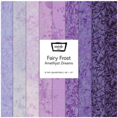 an assortment of purple and white fabric with the words fairy frost on it in black