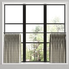 an open window with curtains and trees in the background