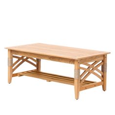 a wooden coffee table with two benches underneath it on an isolated white background for display