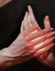 a painting of two hands holding each other with light shining through the palm of their palms