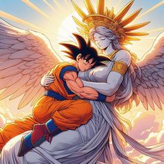 the dragon and gohan hugging each other in front of an orange sky with clouds