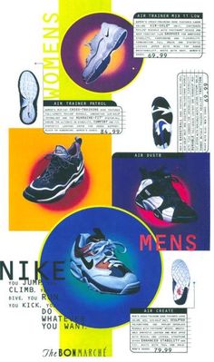 an advertisement for women's shoes with different colors and designs on it, including sneakers