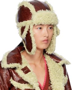 Faux-leather aviator hat in brown. Faux-shearling trim throughout. Supplier color: Tobacco multi Shearling Hat, Aviator Hat, Aviators Women, Anna Sui, On Sale, Faux Leather, Trim, Luxury Fashion, Hats