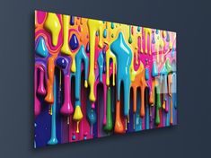 an abstract painting with multicolored paint dripping on it's sides and dark background