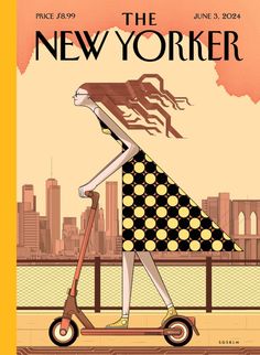 the new yorker magazine cover features a woman on a scooter with her hair blowing in the wind