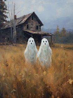 two ghostly ghost figures in front of an old abandoned house on a field with tall grass