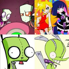 some cartoon characters with different expressions on their faces and in the background, one is an alien