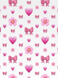 many pink hearts and bows are on a white background with small flowers in the center