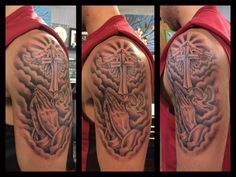 Praying hands cross tattoo Shoulder Cross Tattoo Men, Cross Tattoo Designs For Men, Cross Shoulder Tattoo Men, Praying Hands Tattoo For Men Forearm, Praying Hands Tattoo For Men, Praying Hands Half Sleeve Tattoo, Praying Hands Tattoo Sleeve, Prayer Hands With Rosary Tattoo, Shoulder Piece Tattoo