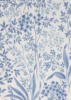 a blue and white floral wallpaper with leaves, flowers and berries on the side