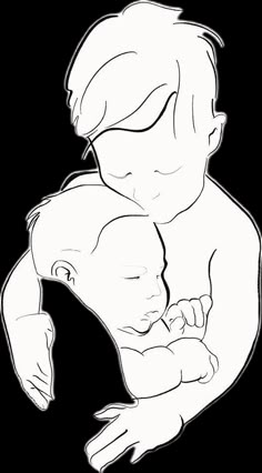 a black and white drawing of a man holding a baby's head in his arms