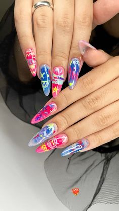 #jinxedit #nailart #arcane Arcane Nails Design Vi, Jinx Inspired Nails, Arcane Inspired Nails, Jinx Nails Arcane, Long Acrylic Nails Coffin, Long Acrylic, Acrylic Nails Coffin