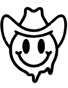 a black and white drawing of a cowboy hat with a smile on it's face