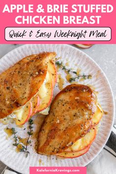 an apple and brie stuffed chicken breast on a white plate with text overlay