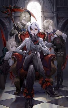 an anime character sitting in a chair with other characters around her, all looking at the camera