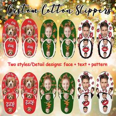 custom photo flip flops for christmas with dogs and snowflakes on the bottom