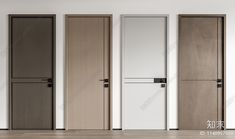 three doors in an empty room with wood flooring