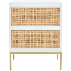 an image of a white and rattan cabinet with two drawers on each end table