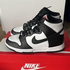 Almost New. Worn Once. Original Shoe Box Available. Product Description: The Nike Dunk High Black White 2021features A Smooth White Leather Upper With Perforations On The Toe Box. Black Leather Overlays, Eyestays And Swooshes Match The Black Laces. Orange Hits On The Insole Add The Total Orange To The Vintage White/Black Colorway. The Rubber Outsole Is Black With A Concentric-Circles Pattern For Traction. The Midsole Is White With Visible Threading Around The Shoe. Black Nike Branding Appears On The White Tongue And The Heel Features A Black Loop With Arcs Of White-On-White Horizontal Threading Below It. Black High-top Nike Air Max Sporty Shoes, Nike Dunk High White Black, Nike Black Synthetic High-top Sneakers, Nike Dunk High Black White, Black High-top Nike Air Max Synthetic, White Tongue, Nike Branding, Dunk High, Concentric Circles