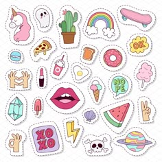 various stickers with different types of things on them, including cactus, watermelon and