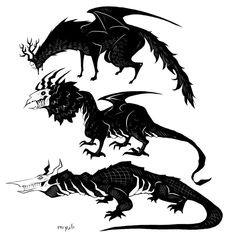 three black and white dragon silhouettes on a white background