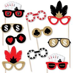 casino party photo booth props with sunglasses, money signs and ace's eye glasses