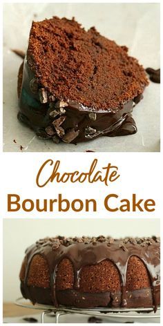 chocolate bourbon cake on a plate with the title above it