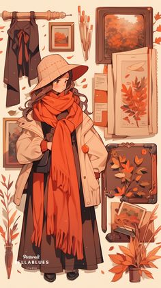 a woman in an orange scarf and hat standing next to some autumn items with leaves on them