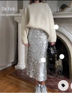 Sequin Skirt With Sneakers, Black Glitter Pants Outfit, Sequin Maxi Skirt Outfit, Sequin Skirt Outfit Casual, Eurotrip Outfits, Silver Sequin Skirt