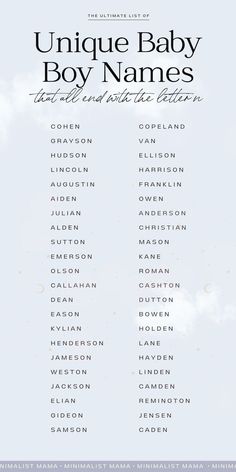 the unique baby boy names are shown in this poster