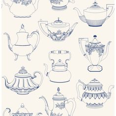 an image of teapots and cups drawn in blue ink on white paper by hand