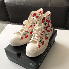 Brand New. Never Worn. I Call These The “Cherry Garcias” Off White, W/ Red & Green Cherries. The Box Comes With It, But It’s Not The Best Shape. These Run Small, So They Can Fit A Women’s Size 7 And No Larger Than A 7.5 Shoe Size. Cherry Converse, Cherry Shoes, Converse Collection, Converse Cream, Chuck Taylor Converse, Green Cherries, Preppy Shoes, Women's Converse, Dream Shoes