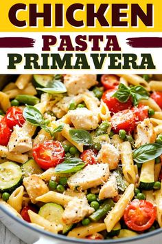 chicken pasta prima prima veggie in a skillet with the title above it