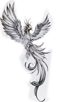 a bird with wings flying in the air and tattoos on its chest, back or arm