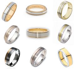 several different types of wedding rings with gold and silver inlays on each side