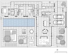 the floor plan for an apartment with two pools and three separate living areas, as well as