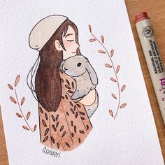 a drawing of a woman holding a rabbit